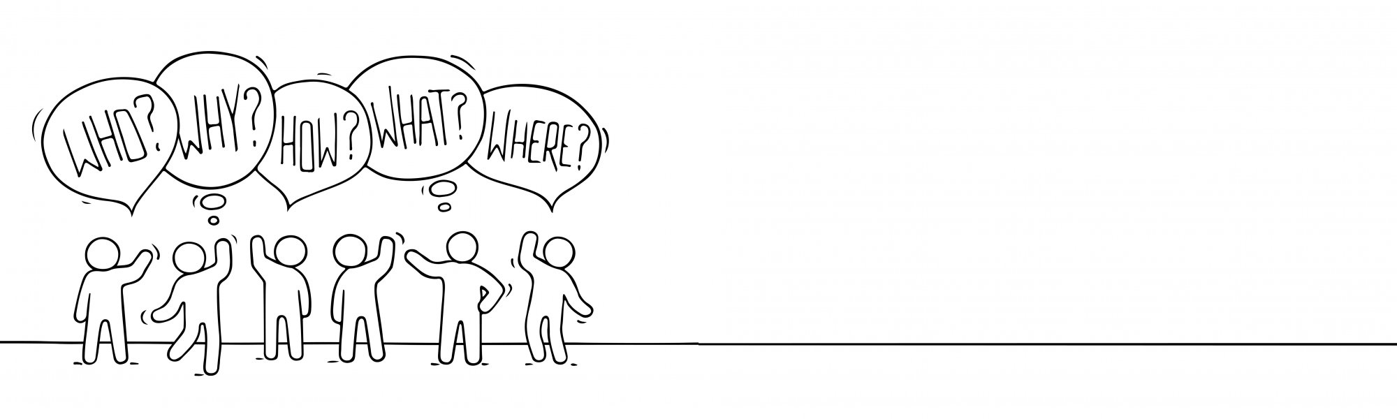 line drawing of group of people raising their hands to ask who, what, when, where, why and how