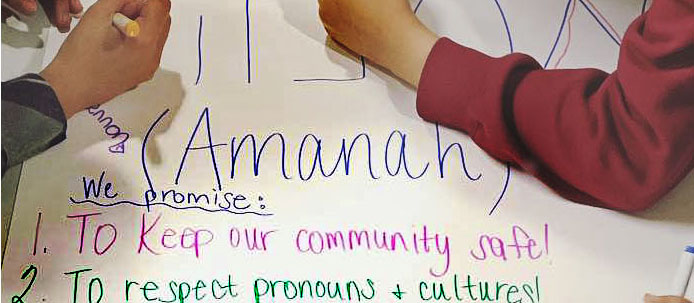 our congregants children making a poster about respecting others pronouns, 