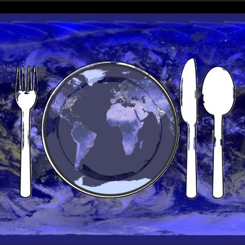 What we count, and what we discount, matters. Nighttime view of Earth showing populated areas (NASA), world on a plate, with fork, knife & spoon.