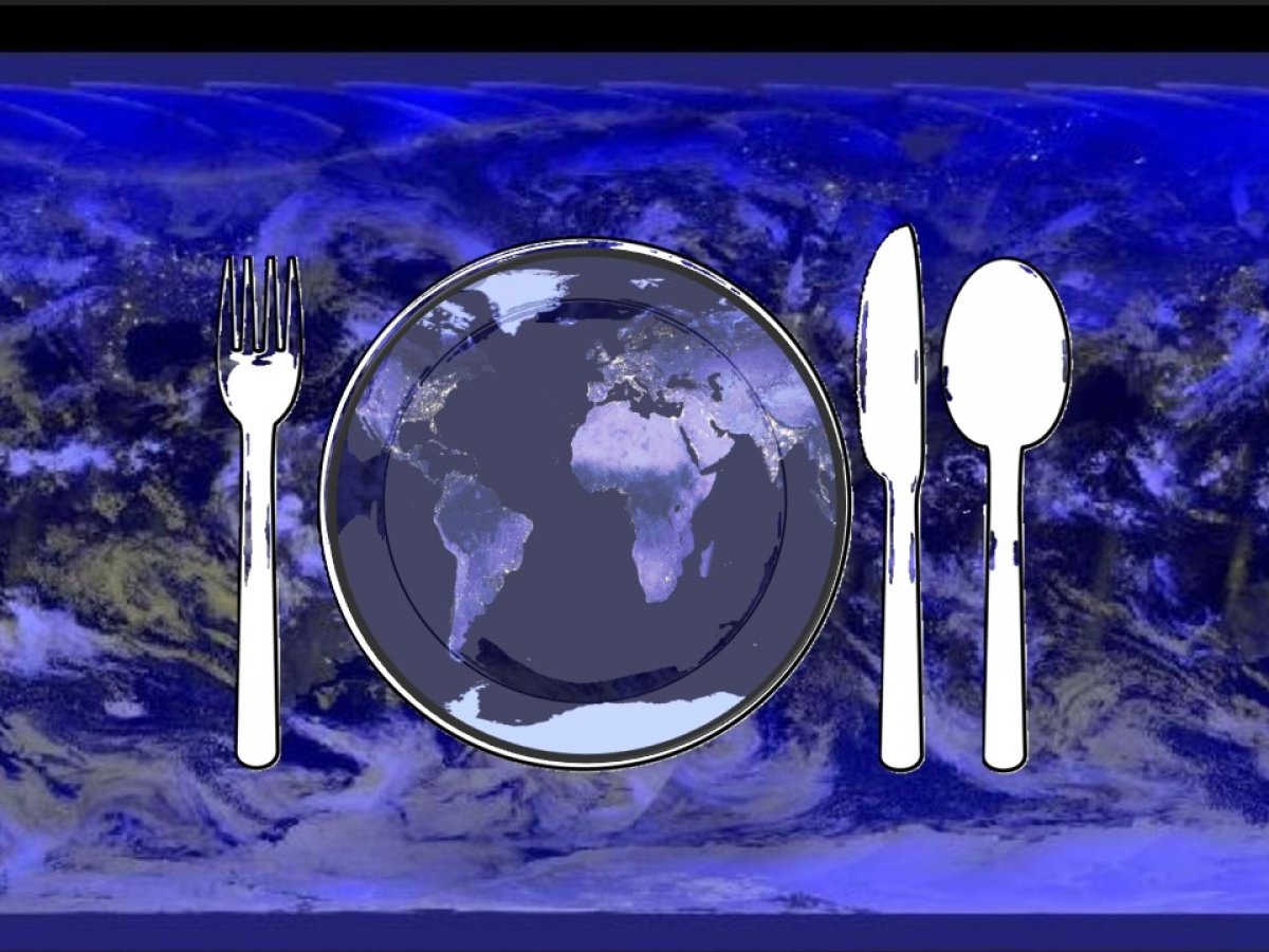What we count, and what we discount, matters. Nighttime view of Earth showing populated areas (NASA), world on a plate, with fork, knife & spoon.